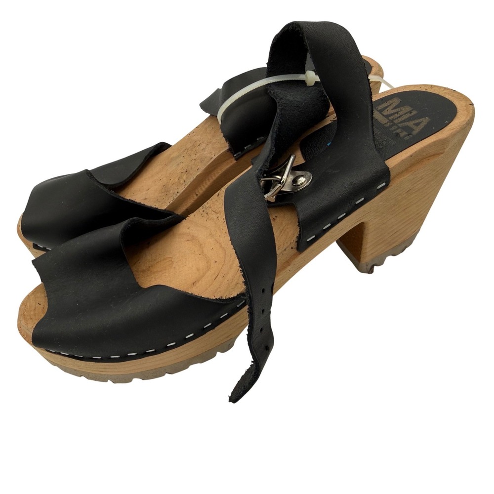 MIA Greta Black Leather Swedish Wooden Clog Sandals Platform Womens Size 10